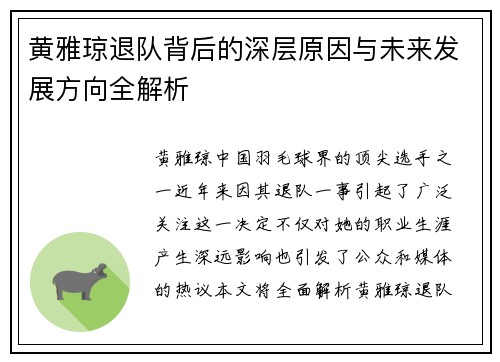 黄雅琼退队背后的深层原因与未来发展方向全解析