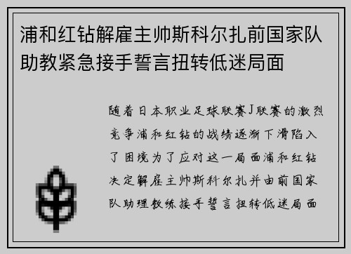 浦和红钻解雇主帅斯科尔扎前国家队助教紧急接手誓言扭转低迷局面