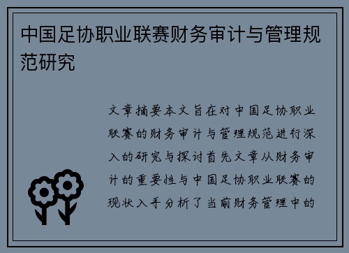 中国足协职业联赛财务审计与管理规范研究 中国足协职业联赛财务审计与管理规范研究