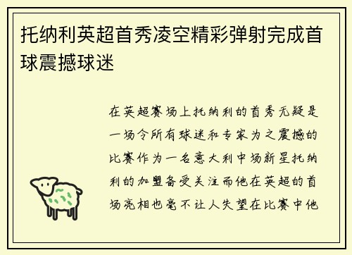 托纳利英超首秀凌空精彩弹射完成首球震撼球迷